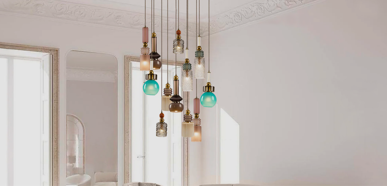 Villary Modern Artistic Chandelier with multiple pendant lights of various shapes, colors, and textures, set against a room with ornate ceiling moldings and large mirrors.
