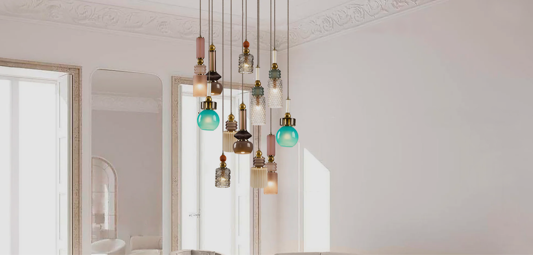 Villary Modern Artistic Chandelier with multiple pendant lights of various shapes, colors, and textures, set against a room with ornate ceiling moldings and large mirrors.